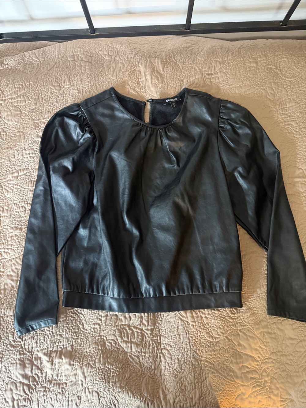 Express Black Faux Leather Puff Shoulder Top
